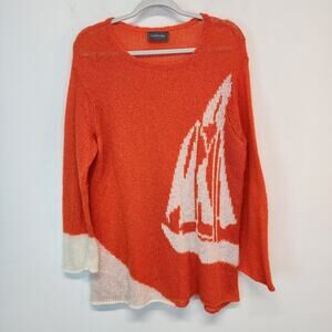 Wooden Ships Womens Sailboat Sweater M/L Orange Open Knit Nautical Coastal Chic